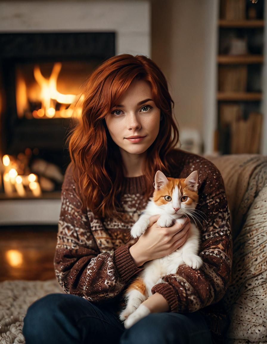 Cozy Night: Woman Cuddles Kitten by Fire