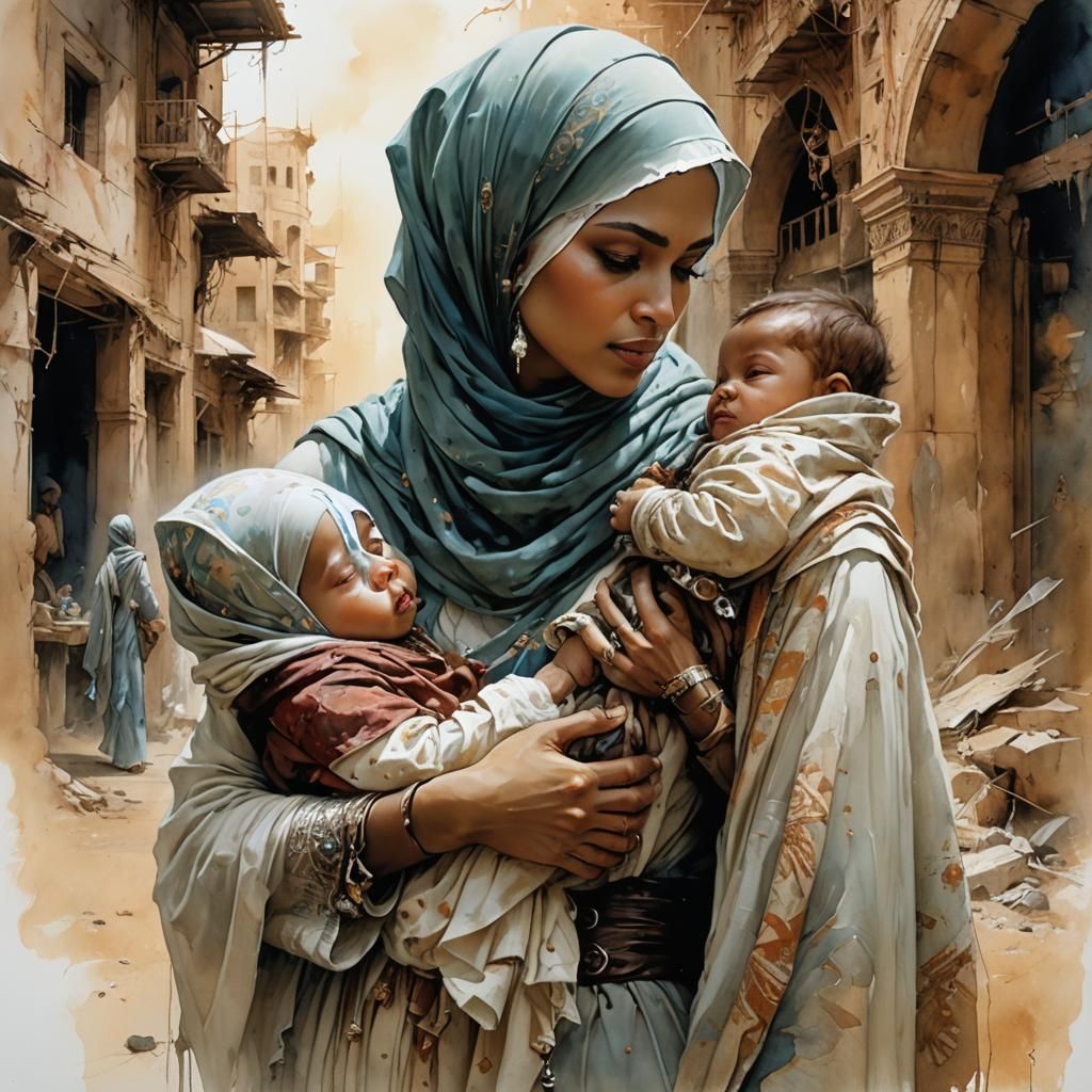 Beautiful Woman and Baby: Timescape Watercolor Illustration
