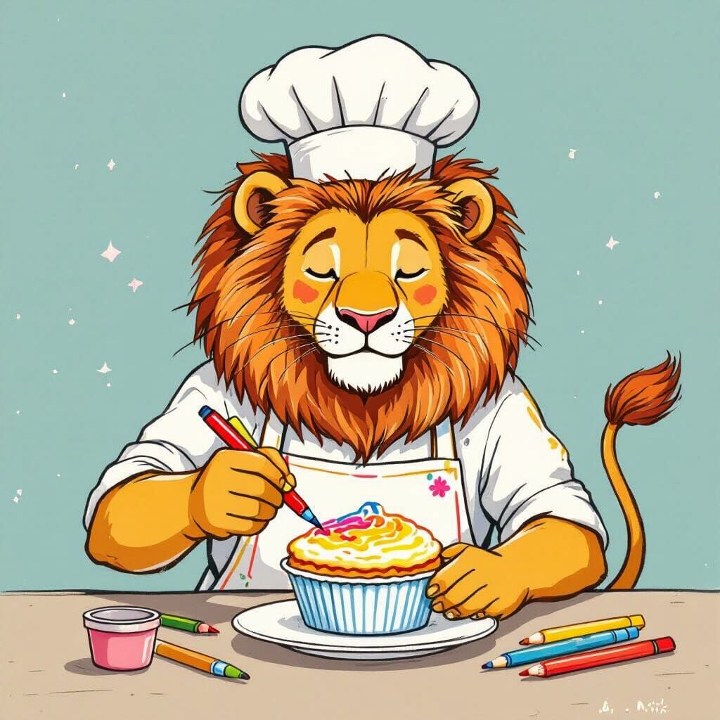 Lion Chef Decorates Soufflé, Whimsical Digital Art