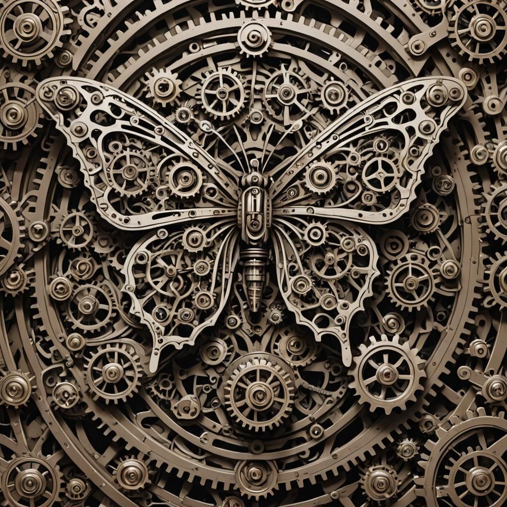Mechanical Butterfly Line Art with Cogs and Gears