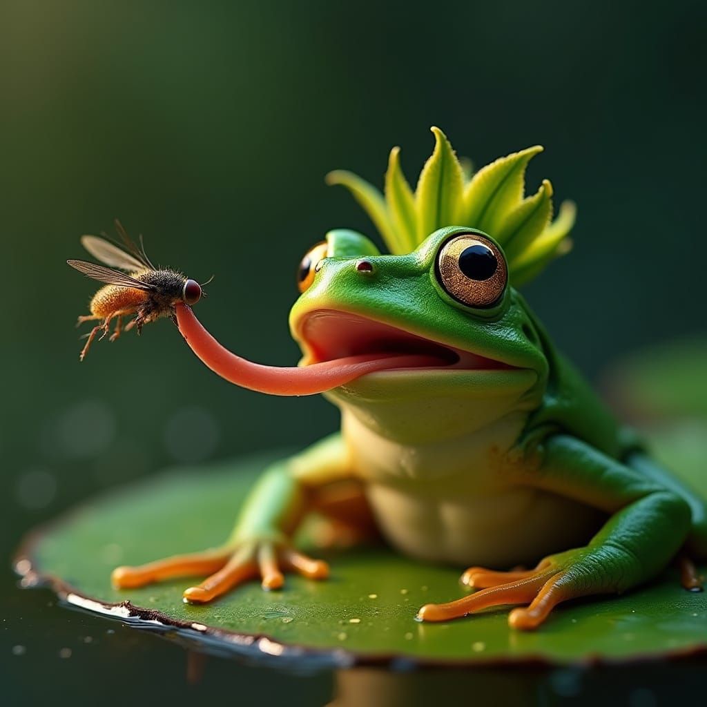 Frog King with Lily Pad Crown Catches Fly