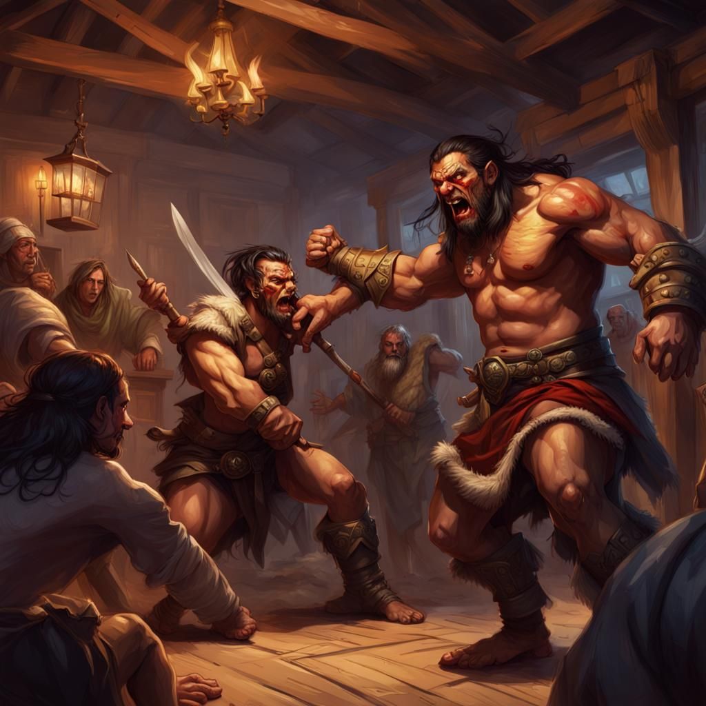 Barbarian Half-Orc Defends Woman in Inn
