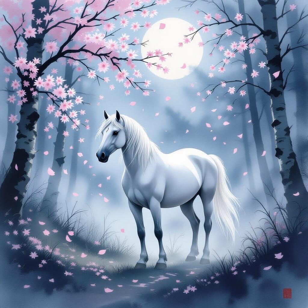 Majestic White Horse in Moonlit Forest Clearing