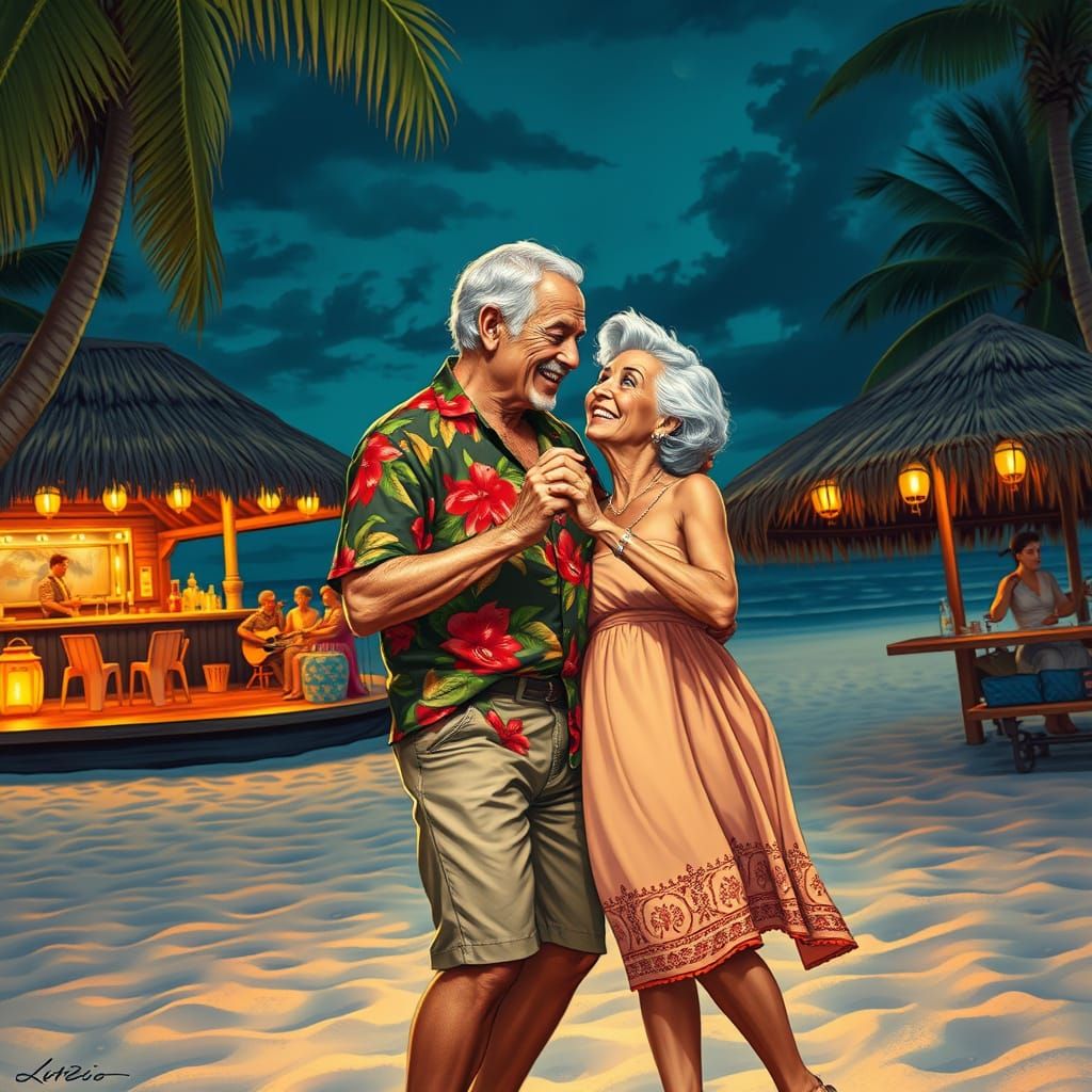 Couple Dancing on Beach in Comic Book Style