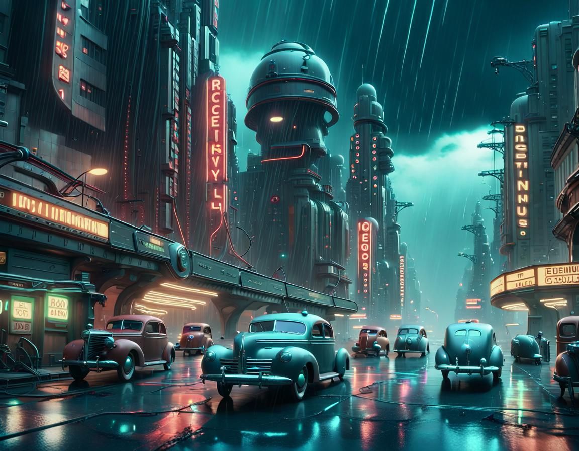 Futuristic Dieselpunk Cityscape with Robots in Rain