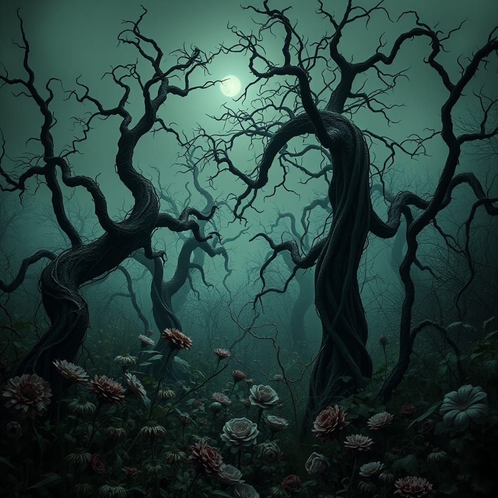 Eerie Overgrown Garden in Gothic Biomechanical Style