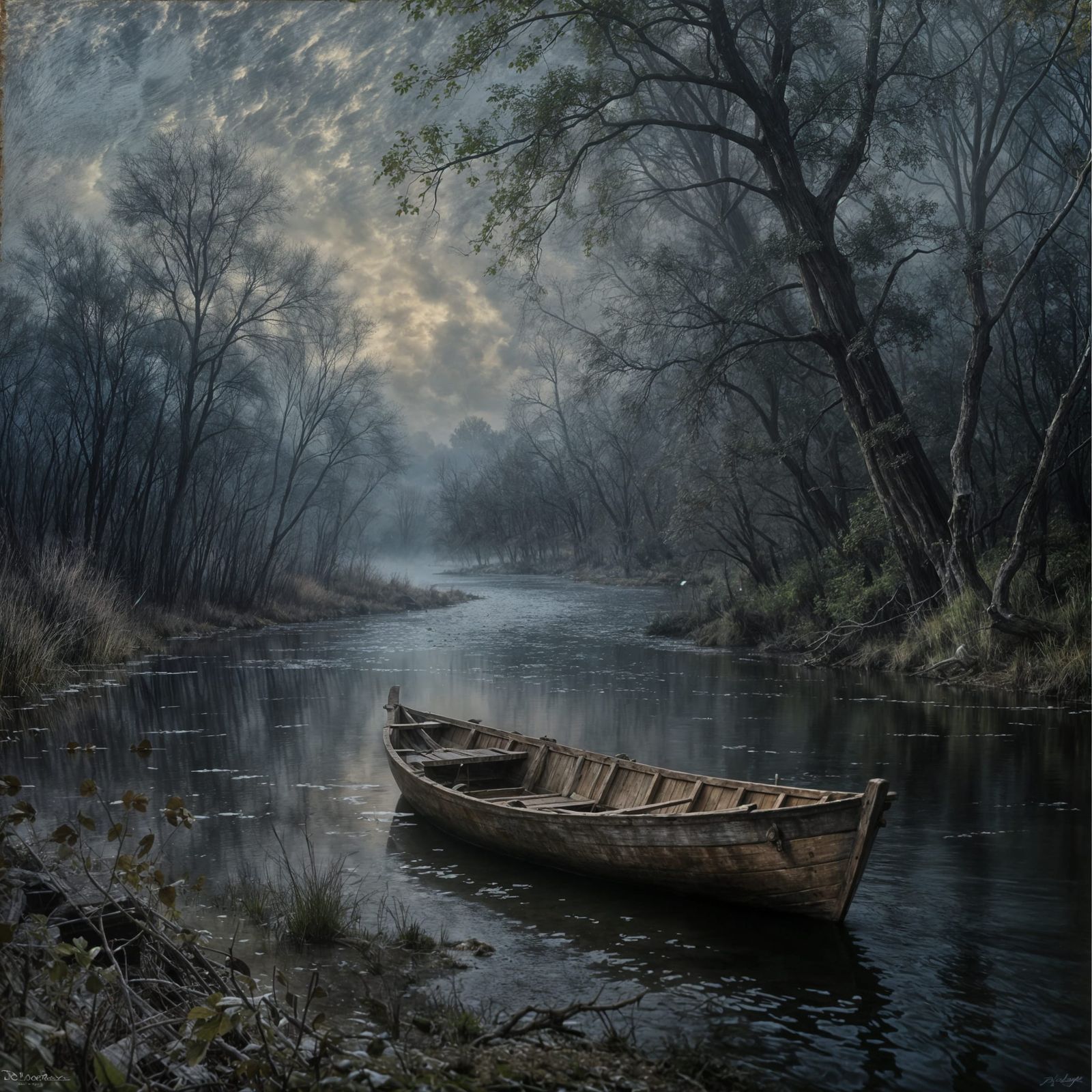Eerie River Landscape Oil Painting: Abandoned Boat in Mist