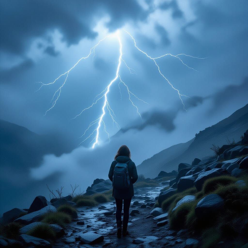Hopeful Person in Stormy Rocky Path with Divine Light