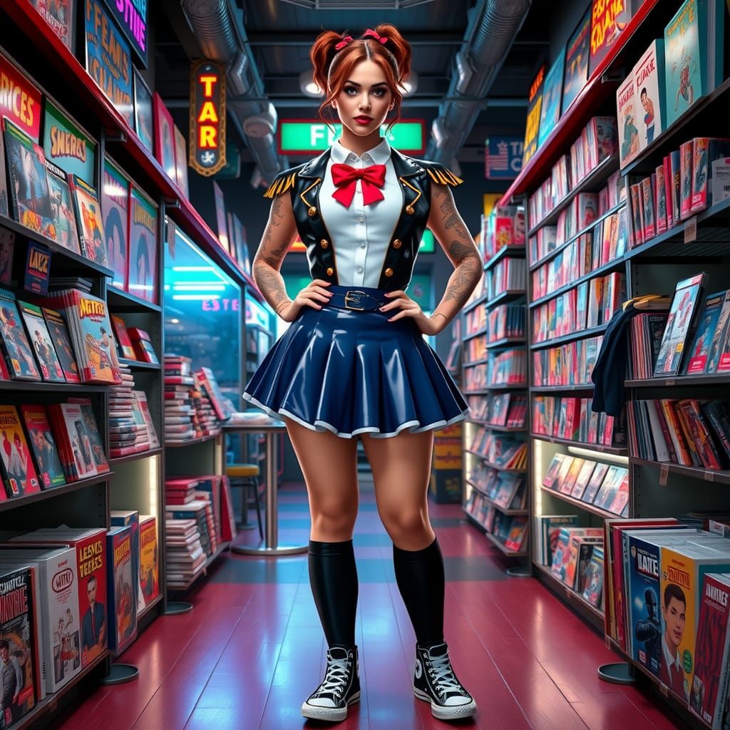 Woman in Latex Cosplay at Nerd Store in Cyberpunk Style