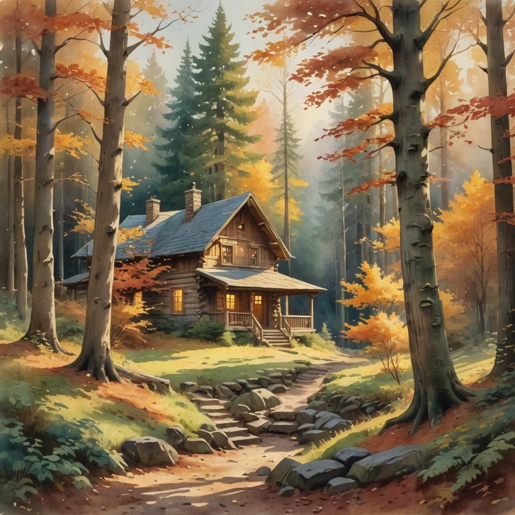 Cabin in Autumn Forest: Watercolor Painting
