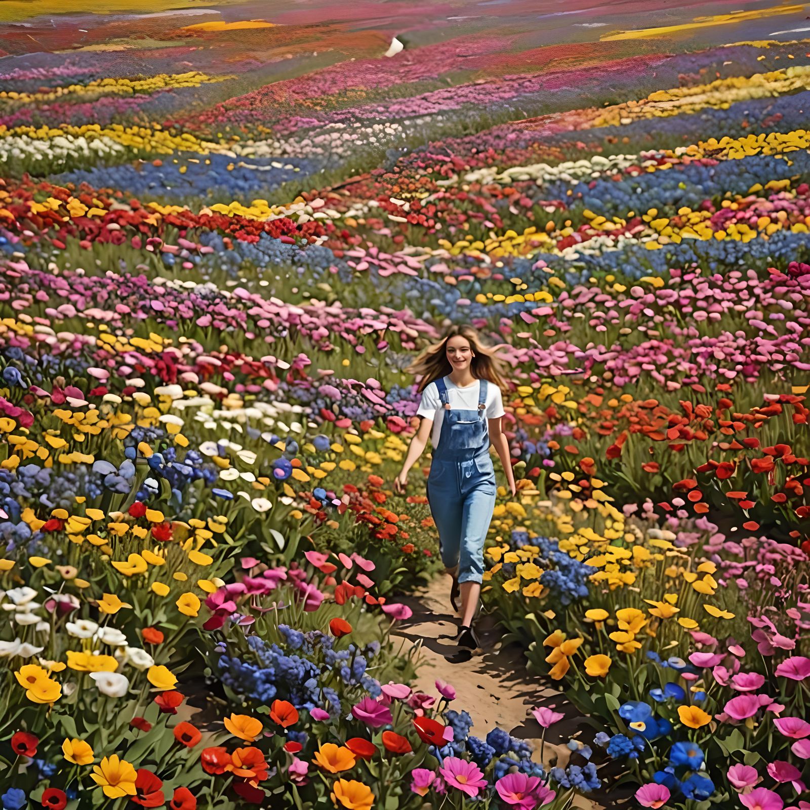Rainbow Flower Field Landscape With Woman