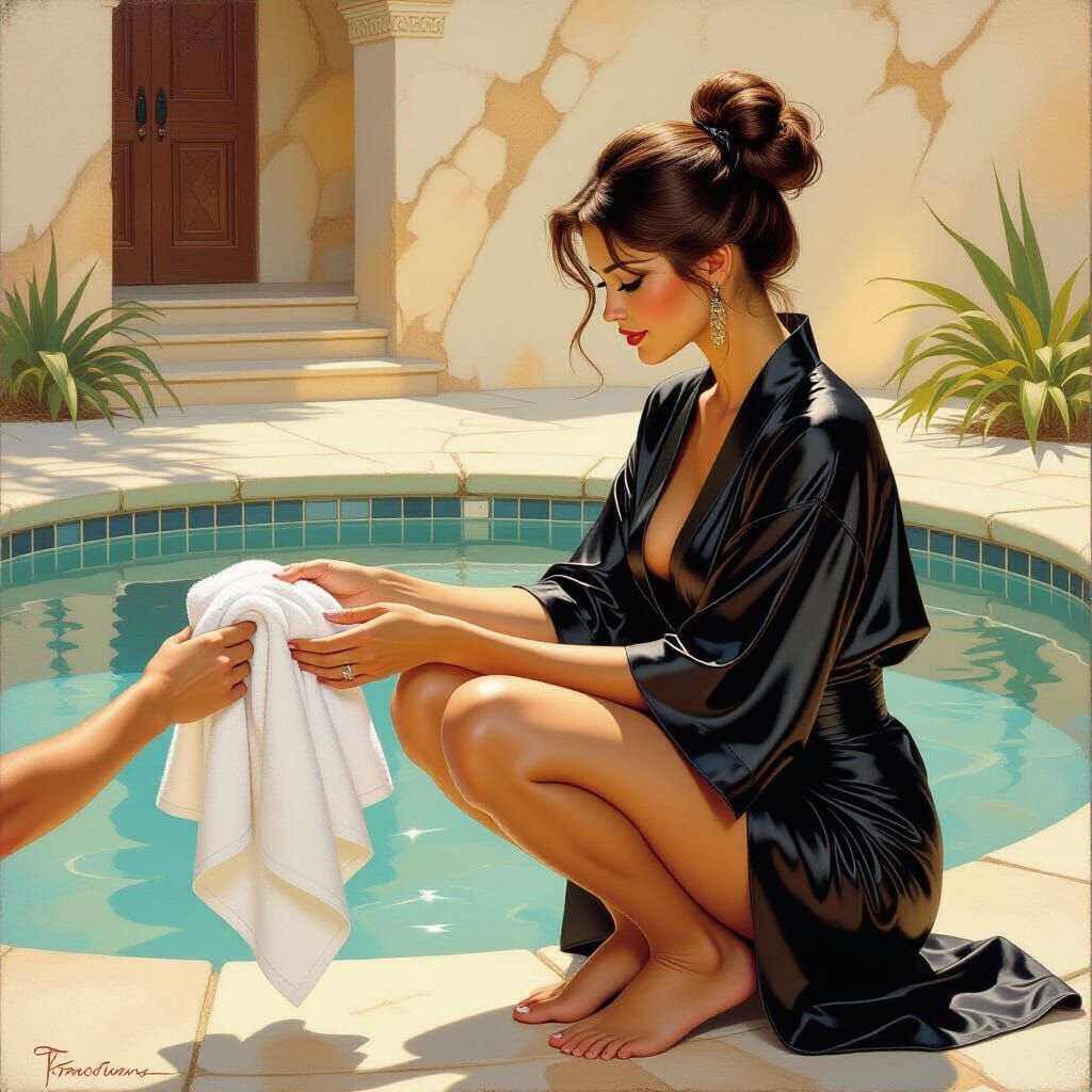Woman in Satin Robe by Pool, Golden Lighting