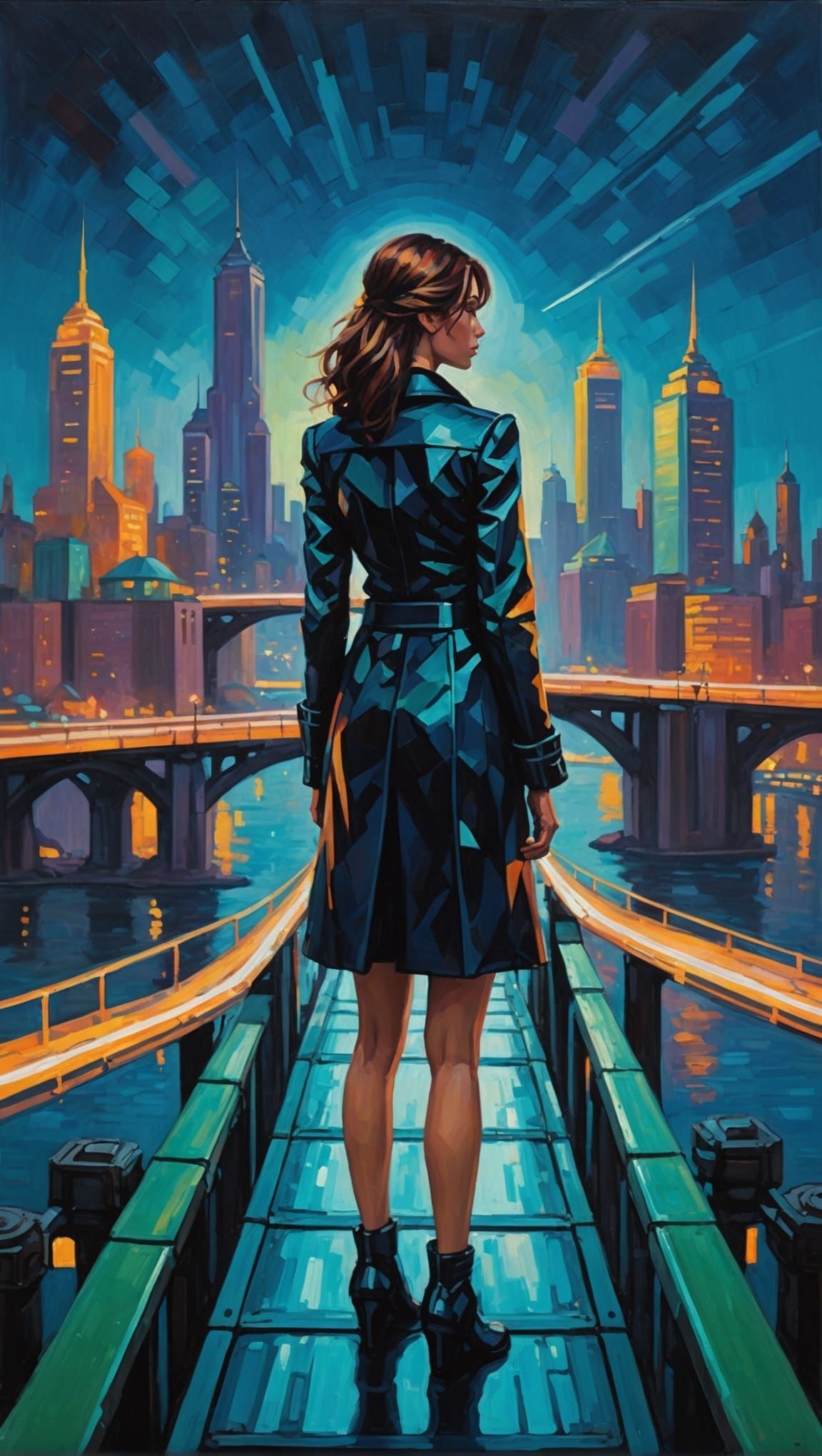 Mechatronic Woman Overlooks Neon City, Expressionist Oil Pai...
