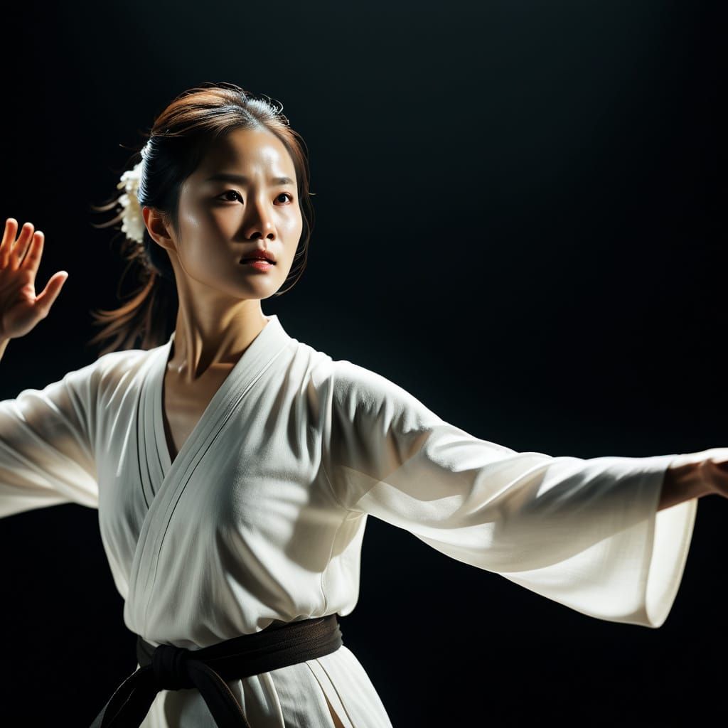 Woman in Traditional Martial Arts Stance in Soft Focus