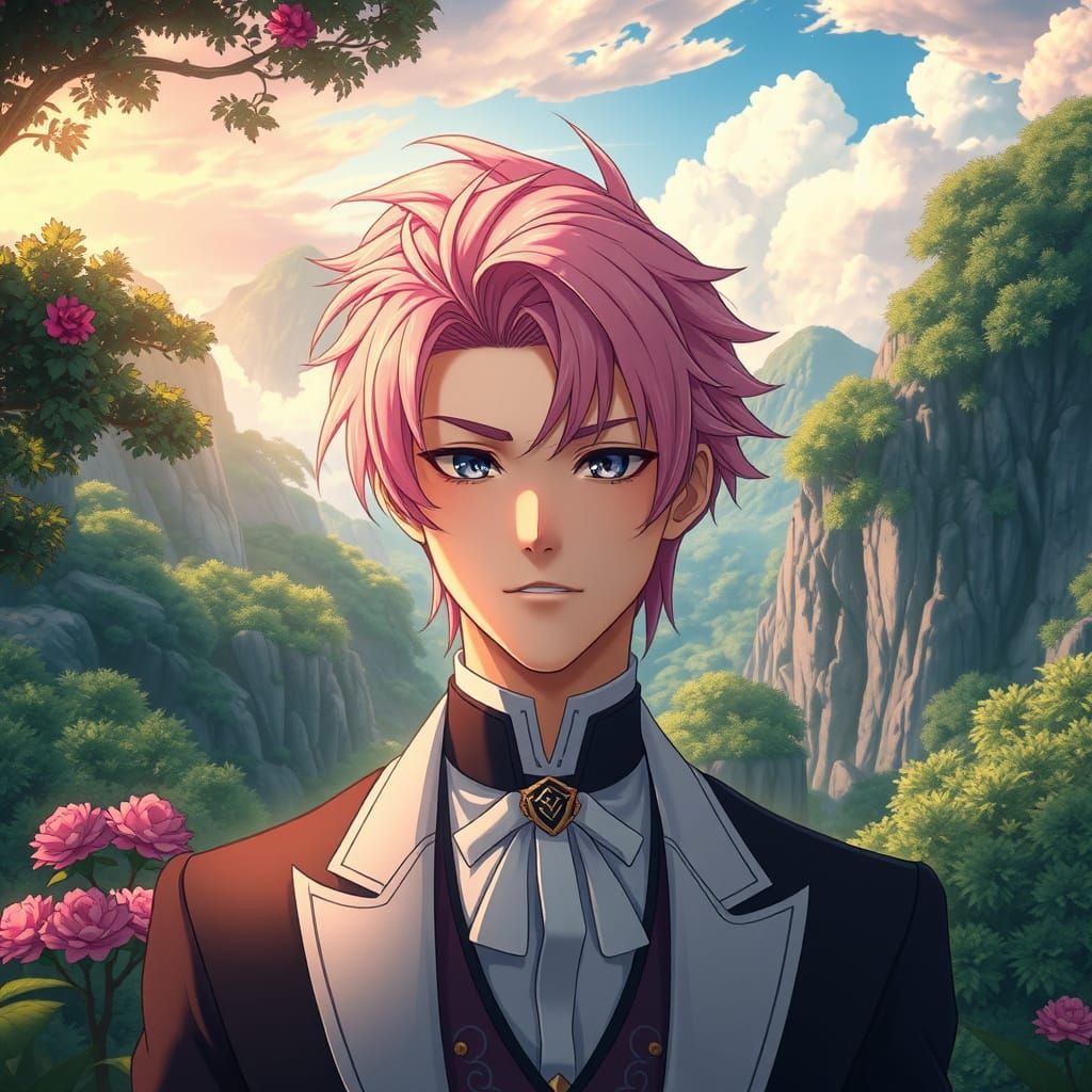 Whimsical Young Man in Elegant Attire Amidst Lush Greenery