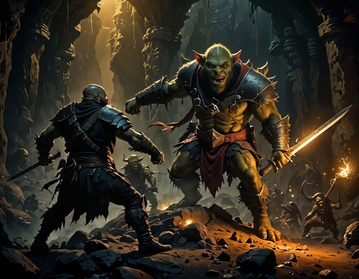 Epic Battle Between Human and Goblin in Dark Fantasy