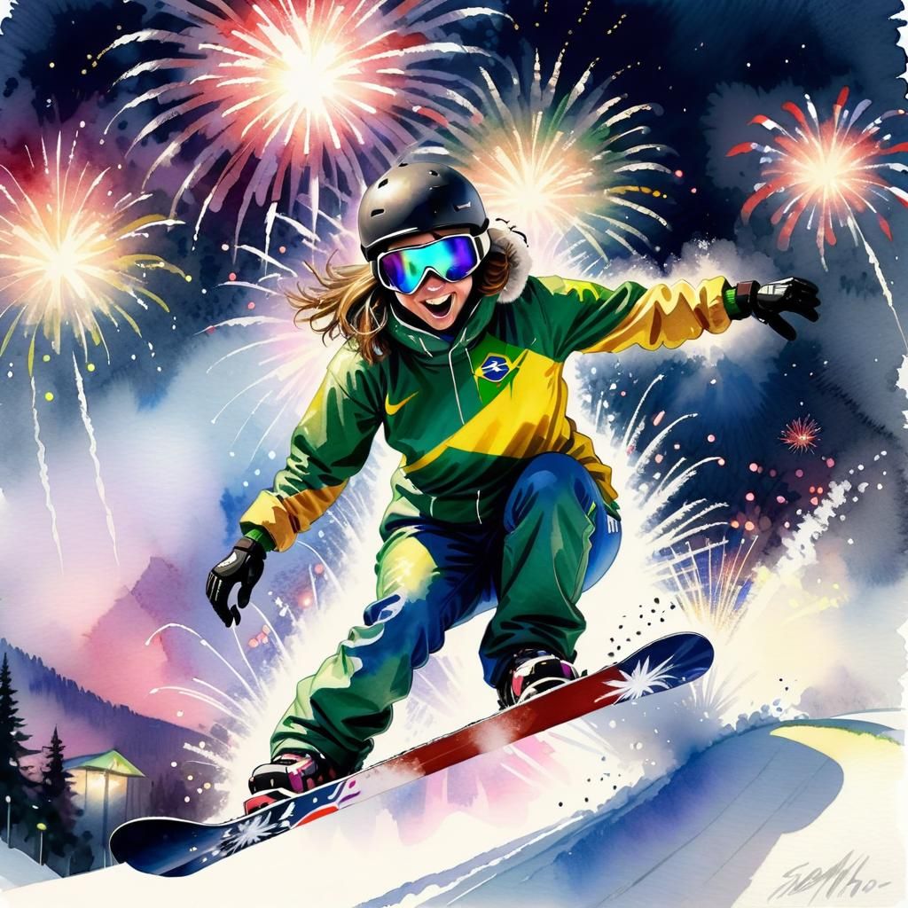 Snowboarder Under Fireworks Display in Watercolor Style