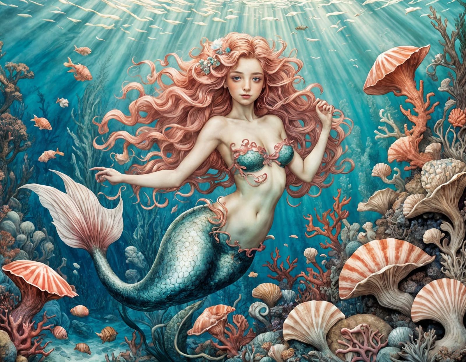 Mermaid in Coral Reef, Arthur Rackham Style