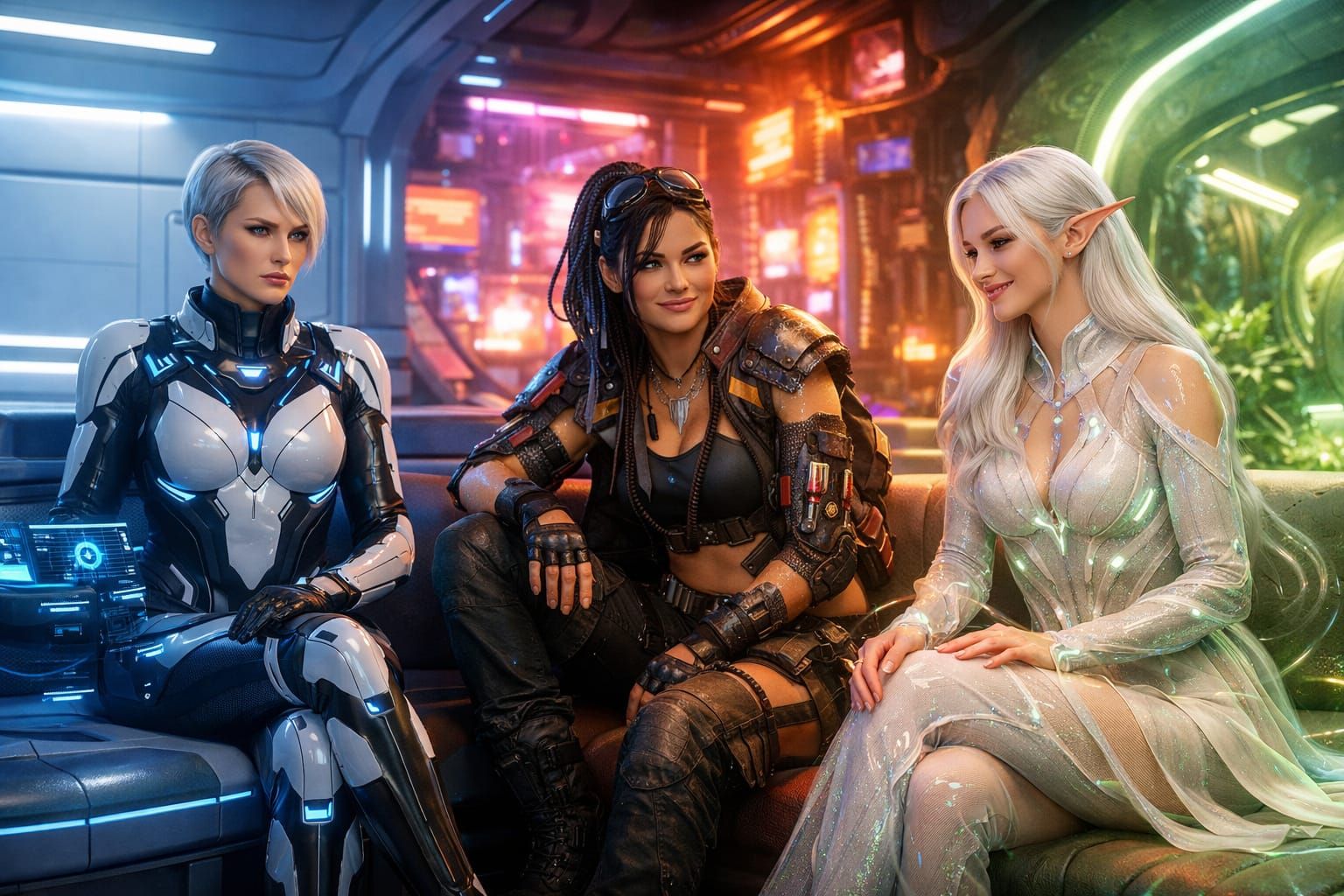 Cybernetic Women in Futuristic Chamber