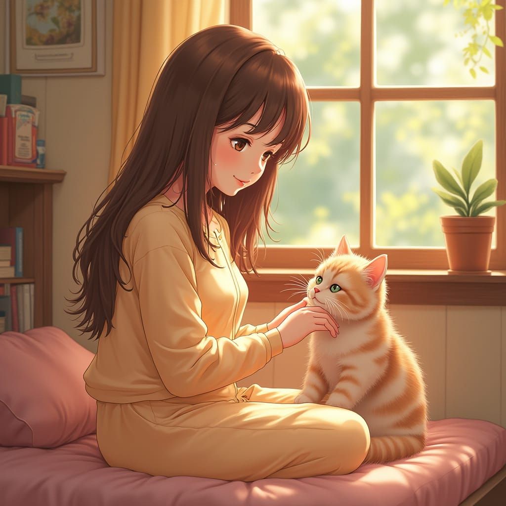Girl Petting Cat in Anime Style