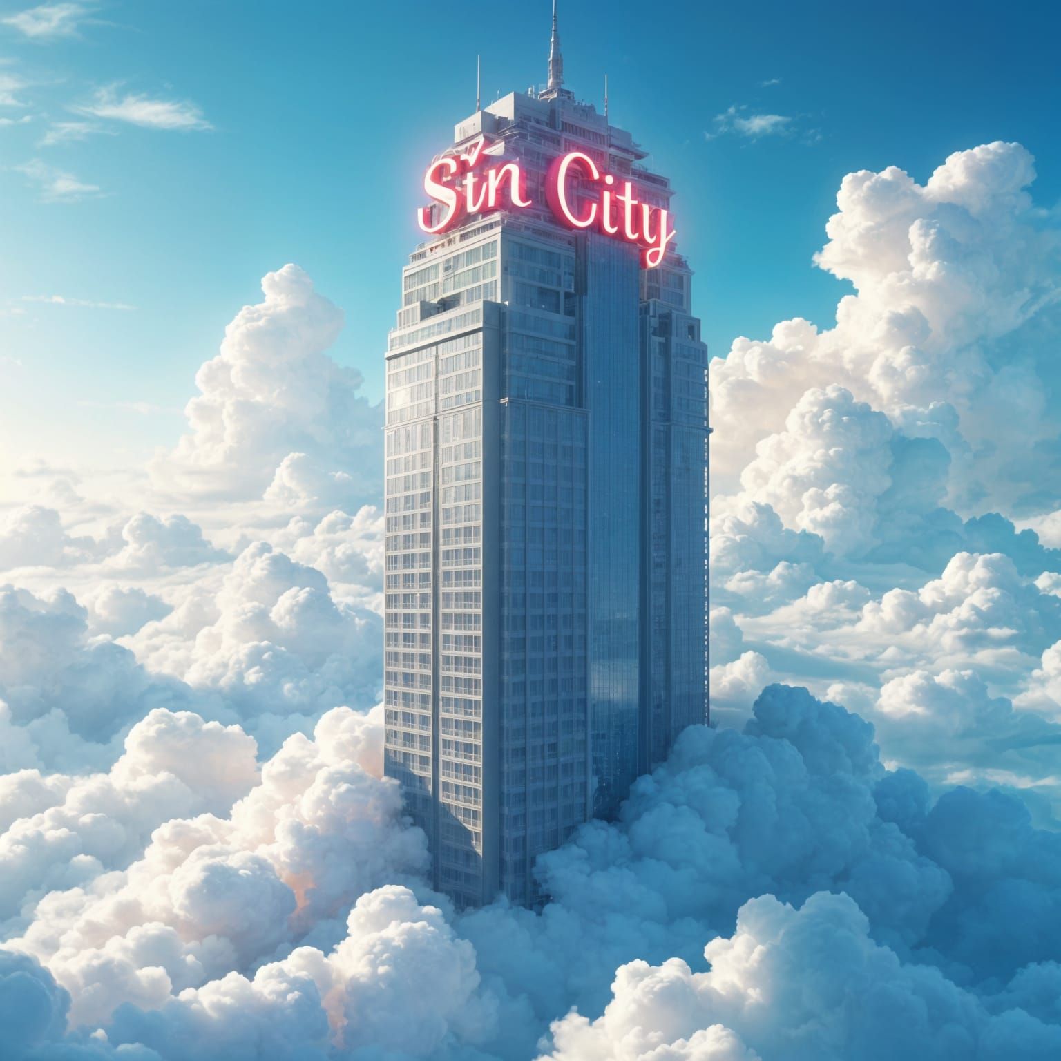 Ethereal Sin City Skyscraper in Clouds