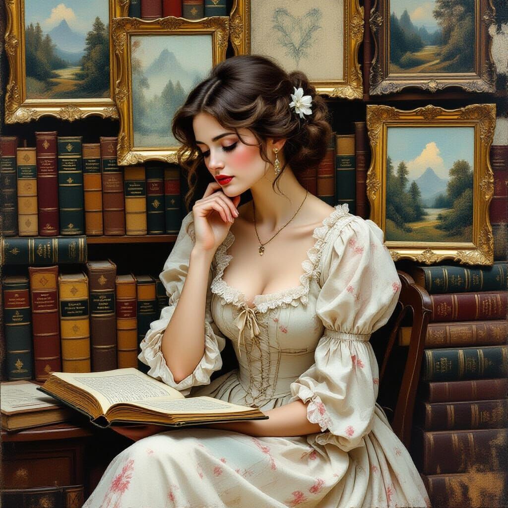 Nostalgic Woman Surrounded by Vintage Treasures