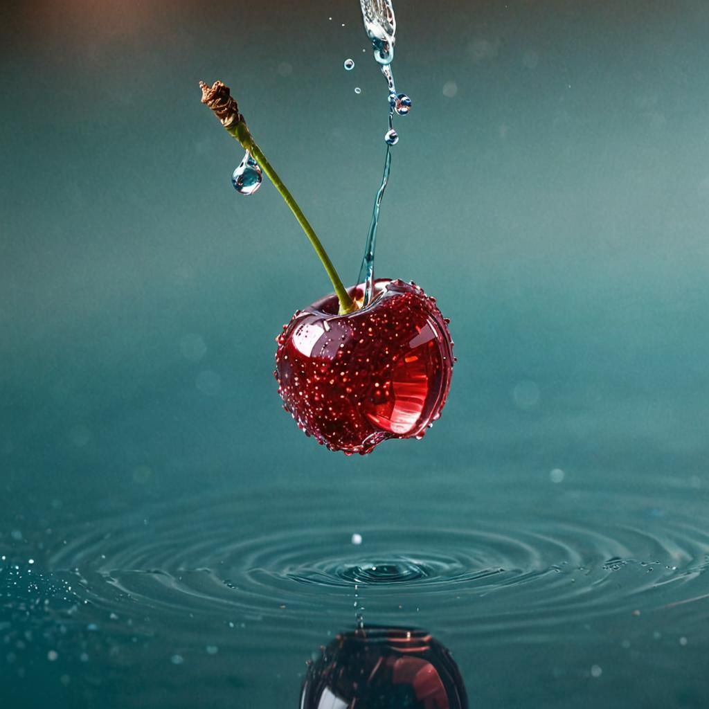 Crystal Cherry Splash: Macro Photorealistic Image