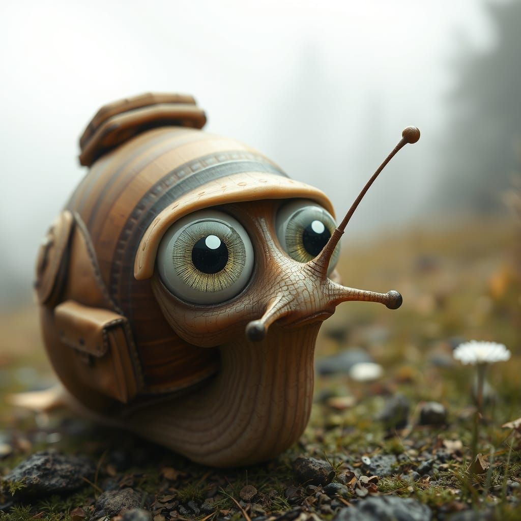 Curious Snail with Cartoon Eyes in Hyperrealistic Style