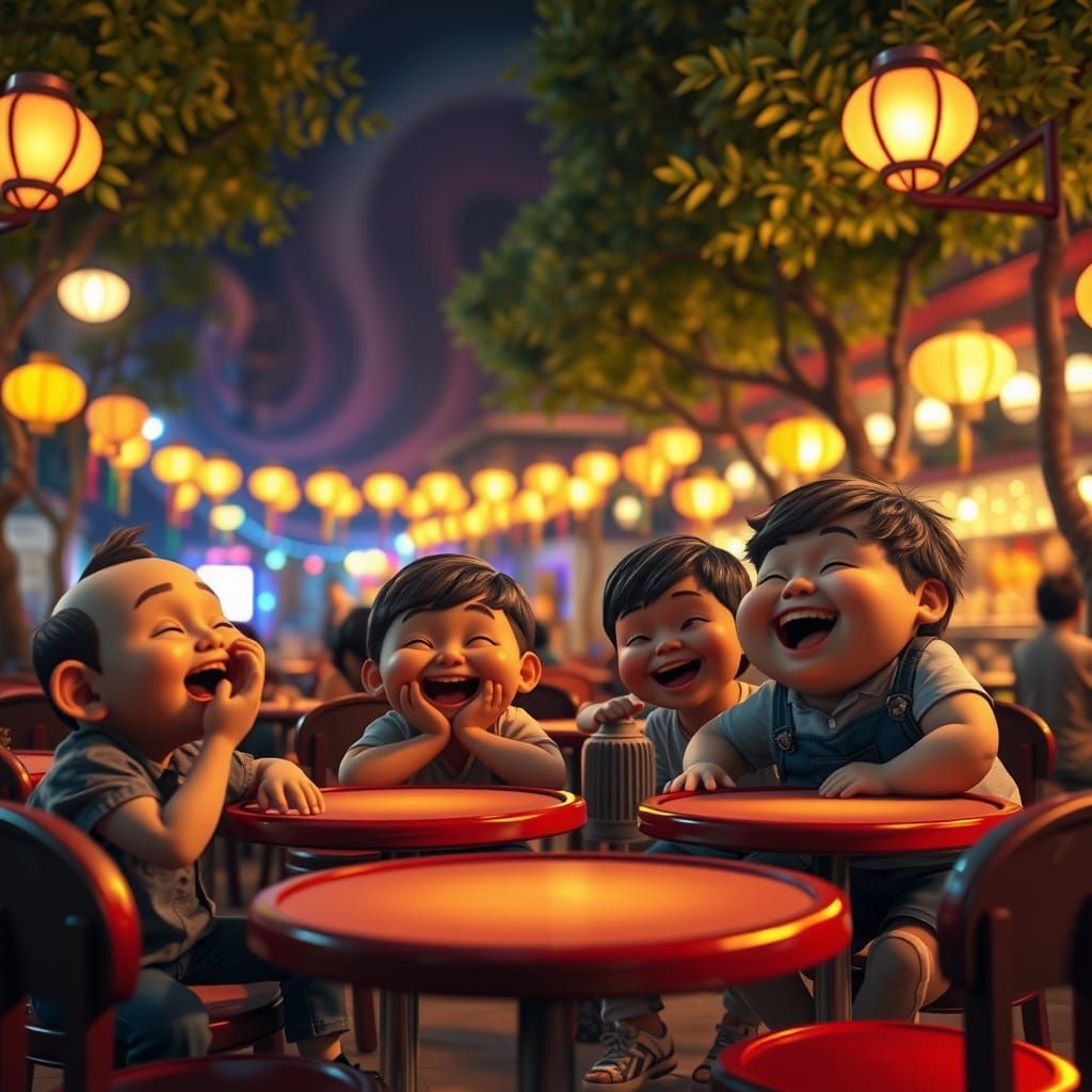 Joyful Children in a Glowing Night Cafe