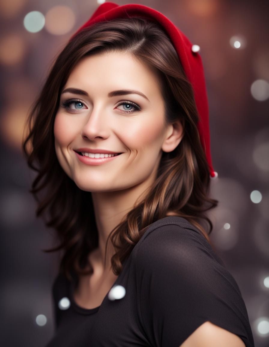Cute Woman in Christmas Hat with Bokeh