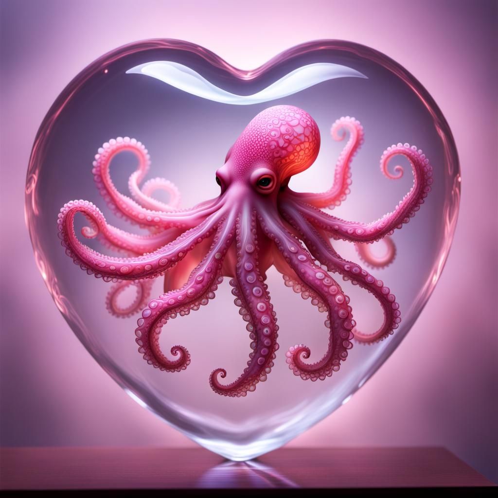 Pink Octopus Trapped Inside a Glass Heart