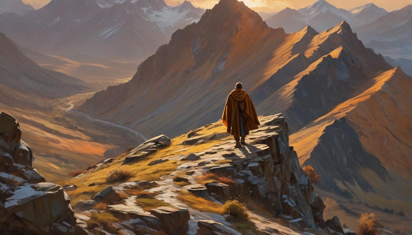 Adventurer in Mountain Range, Impressionist Oil Painting