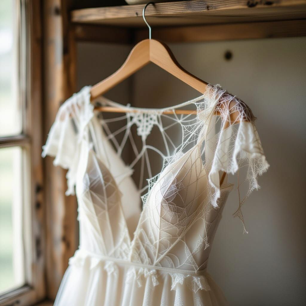 Ethereal Spiderweb Dress on Rustic Hanger