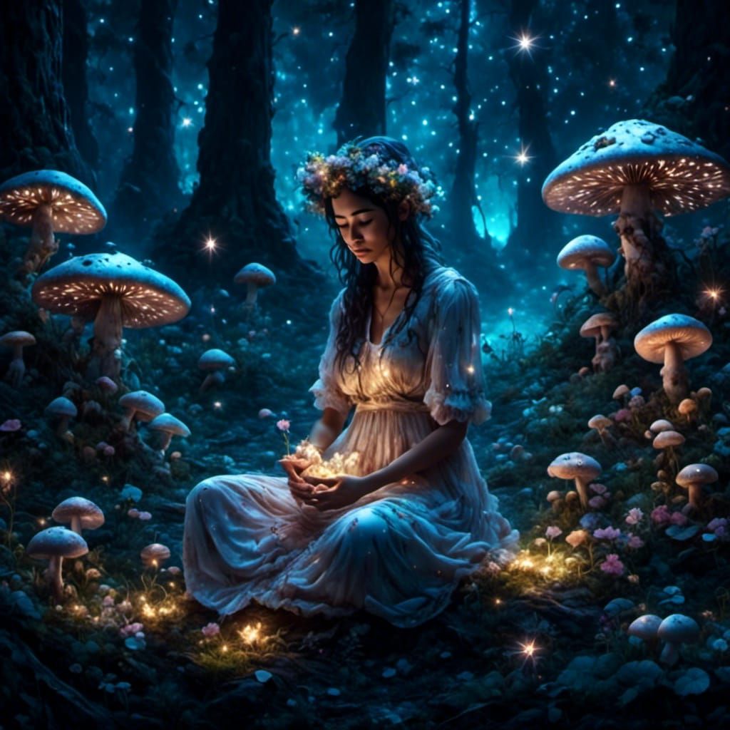 Meditating Mother and Child in Glowing Forest