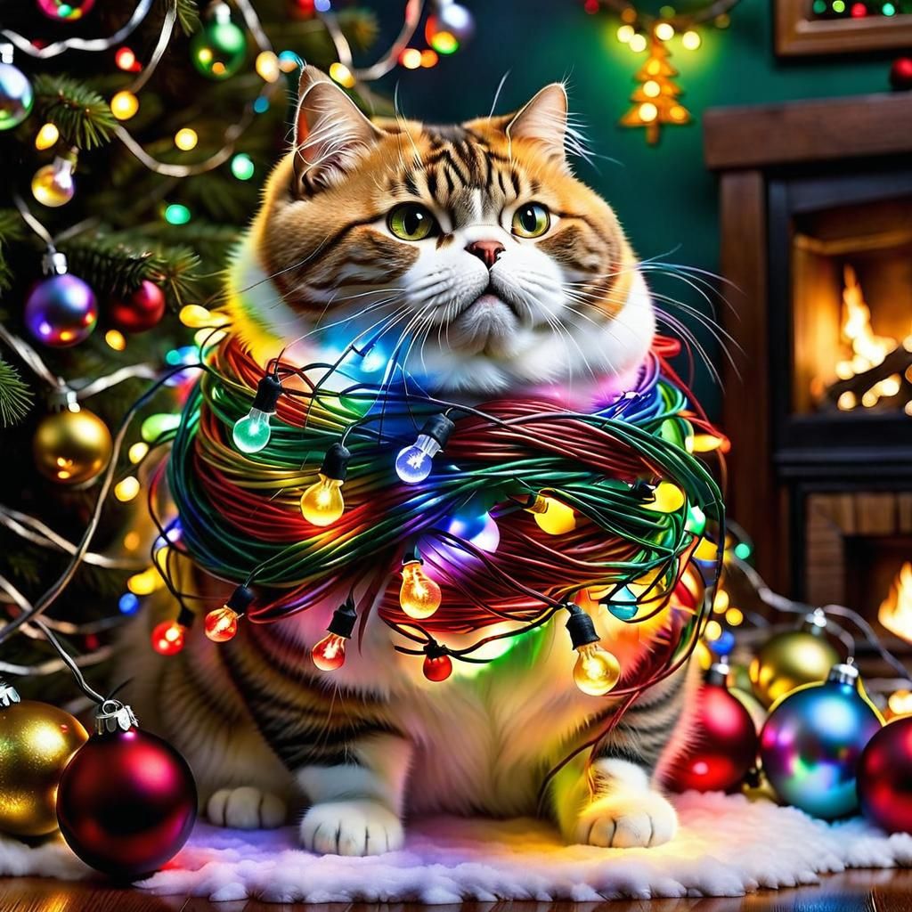 Chubby Cat Tangled in Christmas Lights, Botero Style