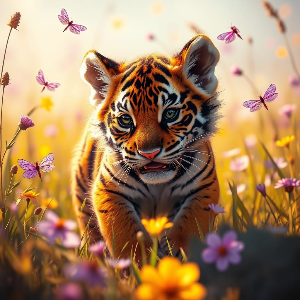 Vibrant Tiger Cub in Sunlit Meadow, Dragonflies Dancing