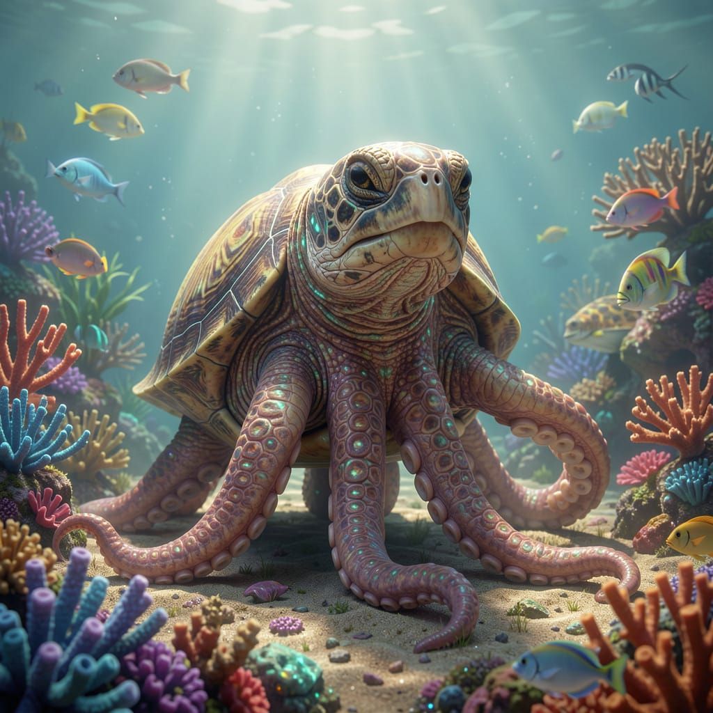 Octopus-Turtle Hybrid Creature on Coral Reef