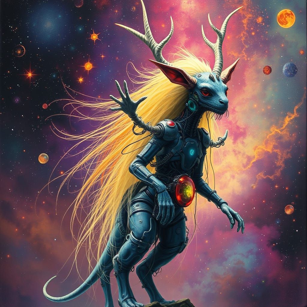 Cybernetic Cosmic Dreambeings in Vibrant Starry Backdrop