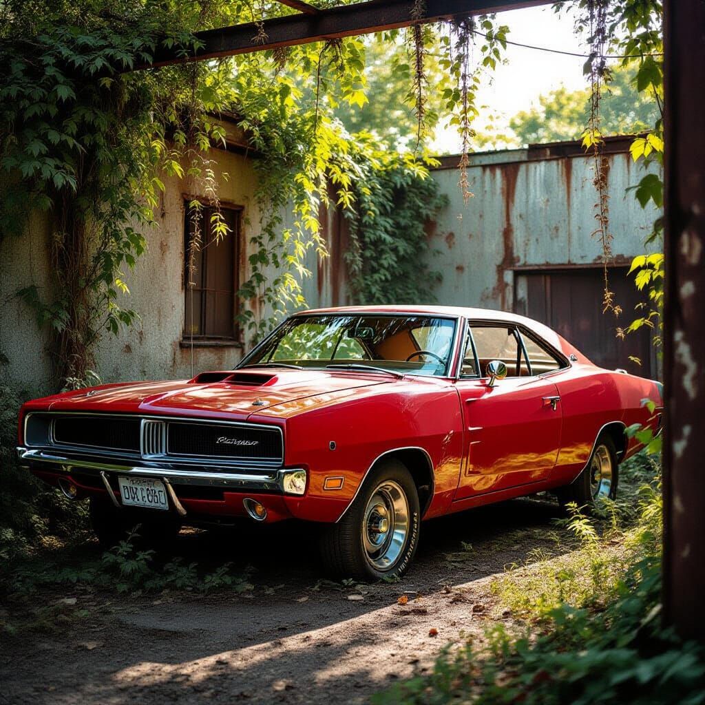 Abandoned Cherry Red 1969 Dodge Charger in Junkyard