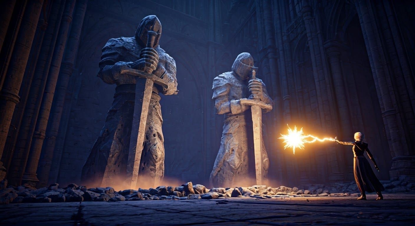 Animated Knight Statues Confronted by a Female Cleric in Dar...