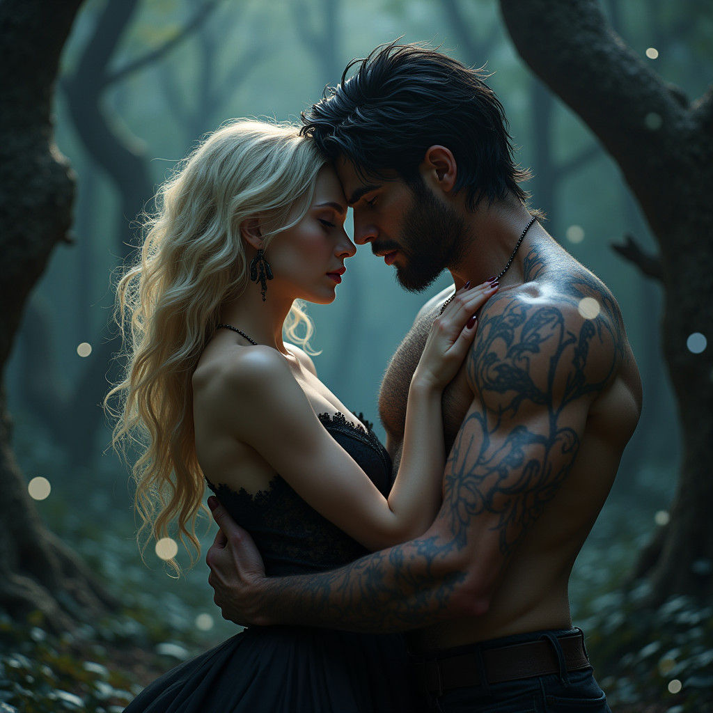 Vampire and Werewolf Embrace in Dreamlike Forest