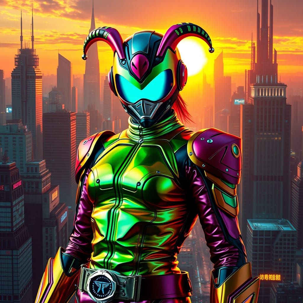 Kamen Rider Jester: Sci-Fi Superheroine in Vibrant Biker Lea...