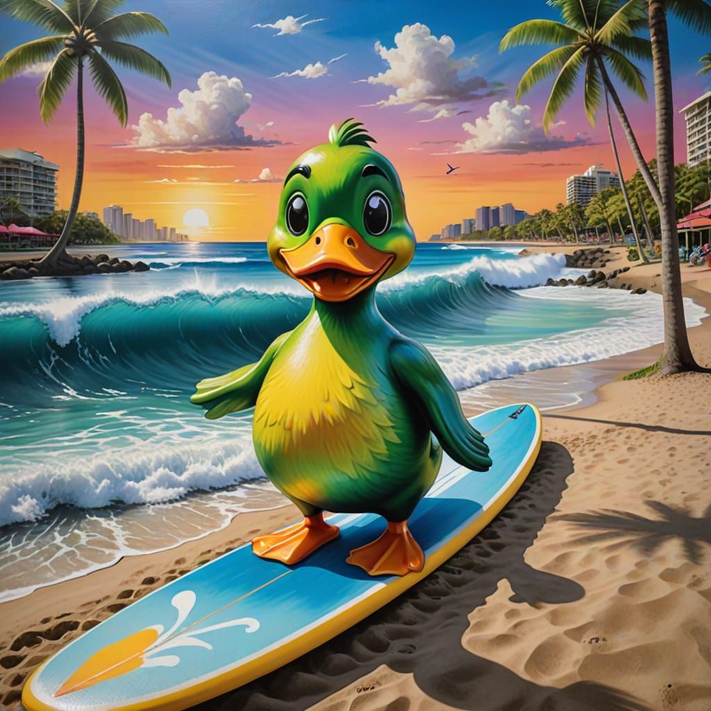 Waikiki Mural with Surfing Duck in Airbrushed Pop Art