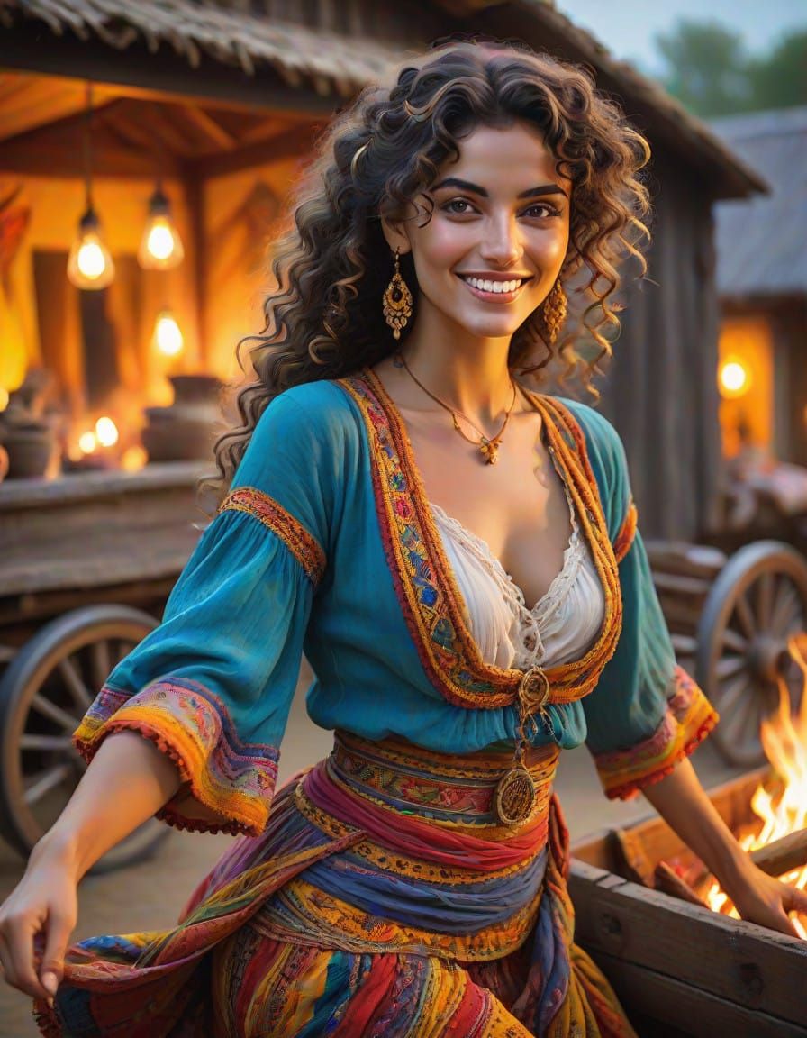 Sensual Gypsy Girl Dancing Before a Wagon in Warm Firelight