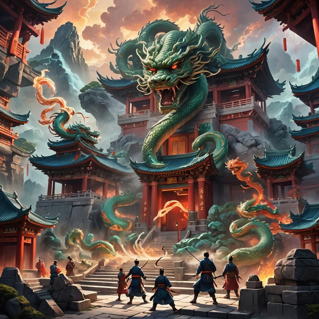 Epic Battle Against Serpent in Ancient Shrine