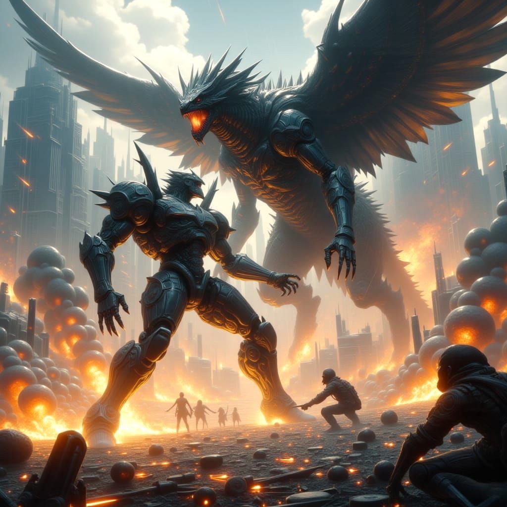 Giant Robot vs Winged Beast in Futuristic City
