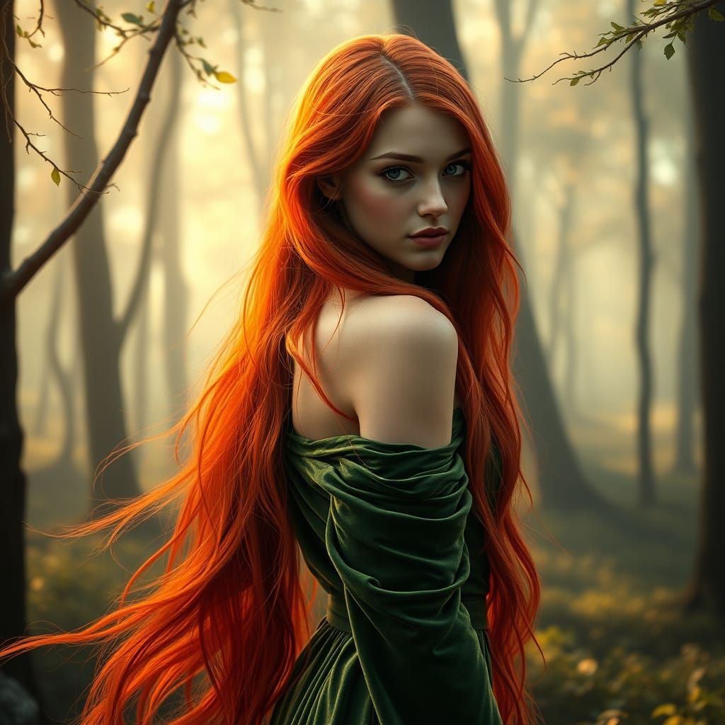 portrait of a magical maiden with long flowing red hair, wearing green velour draped off-shoulder dress, looking over sh...