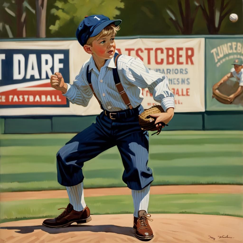 Vintage Painting of Boy Pitching Baseball in Backyard