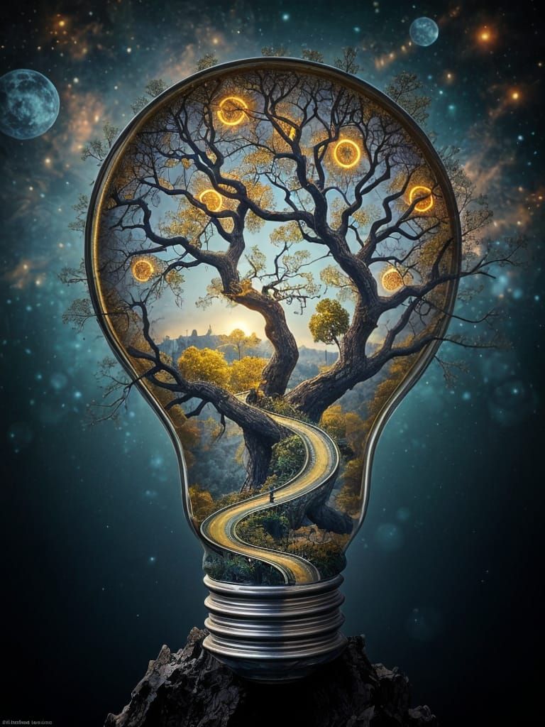 Cosmic Realms Emerging from a Dying Oak Tree Lightbulb