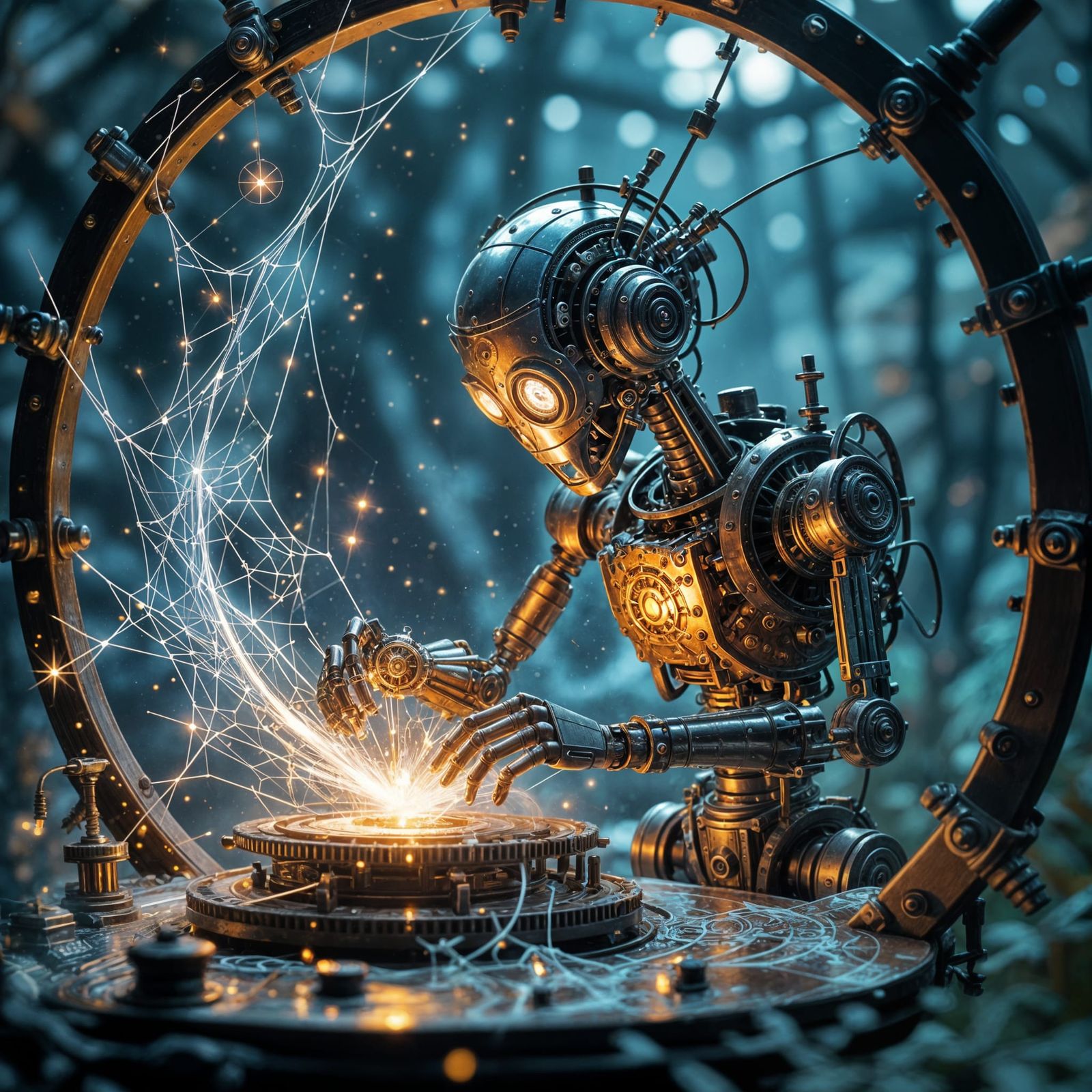 Steampunk Robot Weaving Celestial Spider Silk Observatory